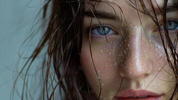 beautiful young woman with wet brown hair looking photo