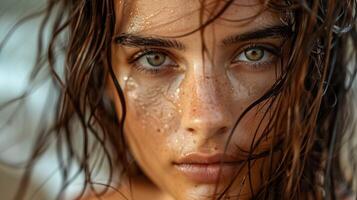 beautiful young woman with wet brown hair looking photo