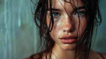 beautiful young woman with wet brown hair looking photo