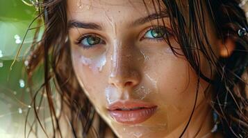 beautiful young woman with wet brown hair looking photo