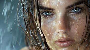 beautiful young woman with wet brown hair looking photo