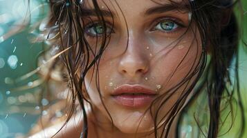 beautiful young woman with wet brown hair looking photo