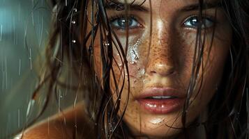 beautiful young woman with wet brown hair looking photo