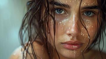 beautiful young woman with wet brown hair looking photo