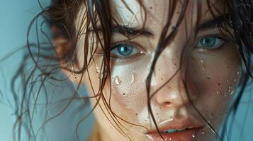 beautiful young woman with wet brown hair looking photo