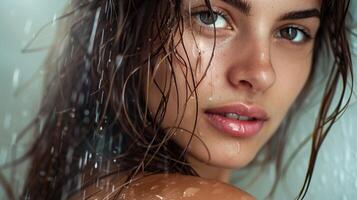 beautiful young woman with wet brown hair looking photo