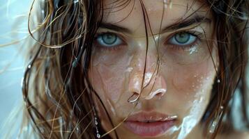 beautiful young woman with wet brown hair looking photo