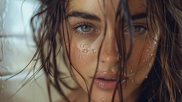 beautiful young woman with wet brown hair looking photo