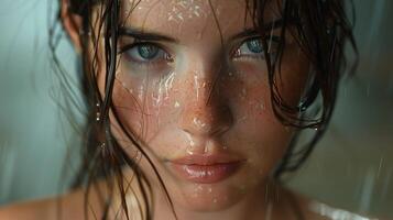 beautiful young woman with wet brown hair looking photo