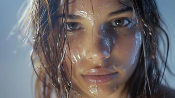 hermosa joven mujer con mojado marrón pelo mirando foto