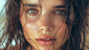 beautiful young woman with wet brown hair looking photo