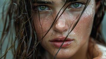 beautiful young woman with wet brown hair looking photo