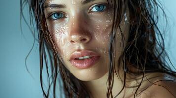 beautiful young woman with wet brown hair looking photo