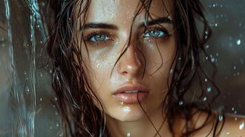 beautiful young woman with wet brown hair looking photo