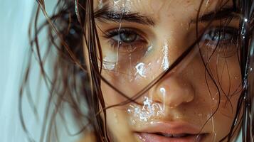 hermosa joven mujer con mojado marrón pelo mirando foto