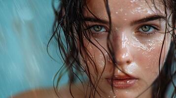 beautiful young woman with wet brown hair looking photo