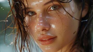 beautiful young woman with wet brown hair looking photo