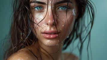 beautiful young woman with wet brown hair looking photo
