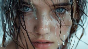 beautiful young woman with wet brown hair looking photo