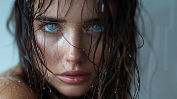 beautiful young woman with wet brown hair looking photo