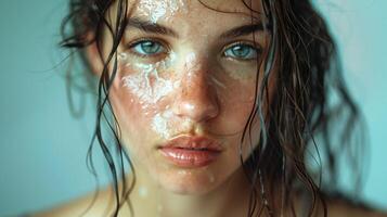 beautiful young woman with wet brown hair looking photo