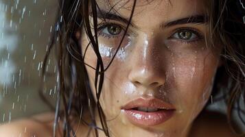 beautiful young woman with wet brown hair looking photo