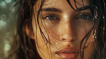 beautiful young woman with wet brown hair looking photo