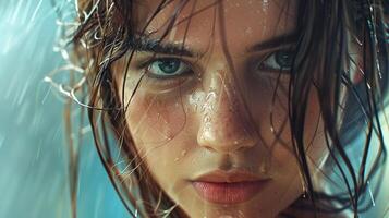 beautiful young woman with wet brown hair looking photo