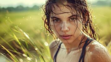 beautiful young woman with wet hair looking photo