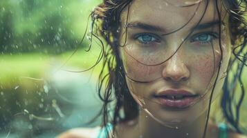 beautiful young woman with wet hair looking photo