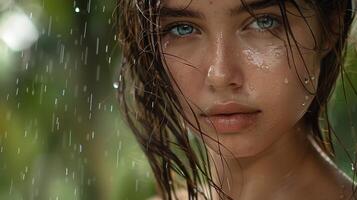 beautiful young woman with wet hair looking photo