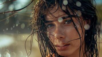 beautiful young woman with wet hair looking photo