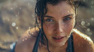 beautiful young woman with wet hair looking photo