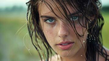 beautiful young woman with wet hair looking photo