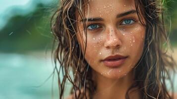 beautiful young woman with wet hair looking photo