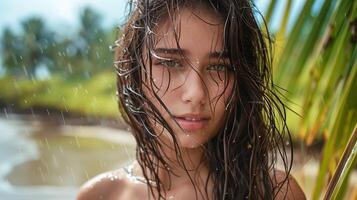 beautiful young woman with wet hair looking photo