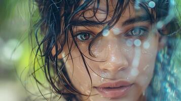 beautiful young woman with wet hair looking photo