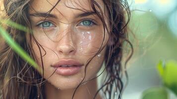 beautiful young woman with wet hair looking photo