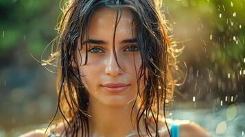 beautiful young woman with wet hair looking photo