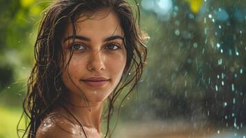 beautiful young woman with wet hair looking photo