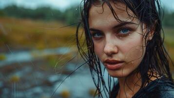 hermosa joven mujer con mojado pelo mirando foto