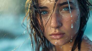 beautiful young woman with wet hair looking photo