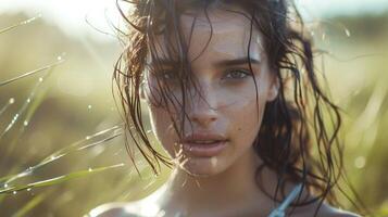 beautiful young woman with wet hair looking photo