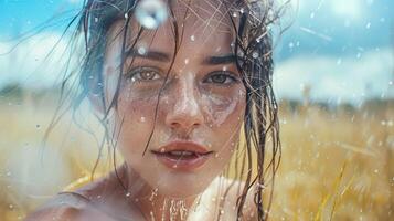 beautiful young woman with wet hair looking photo