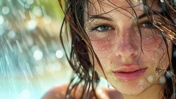 hermosa joven mujer con mojado pelo mirando foto