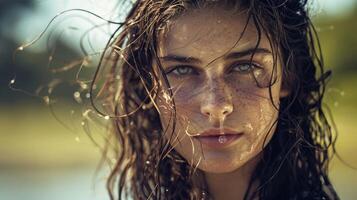 beautiful young woman with wet hair looking photo