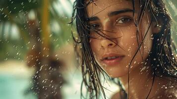 beautiful young woman with wet hair looking photo