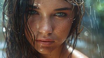 beautiful young woman with wet hair looking photo