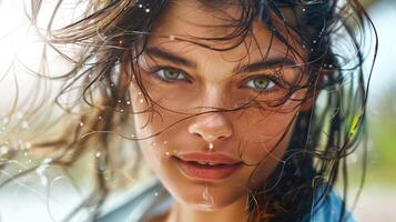 beautiful young woman with wet hair looking photo