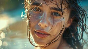 beautiful young woman with wet hair looking photo